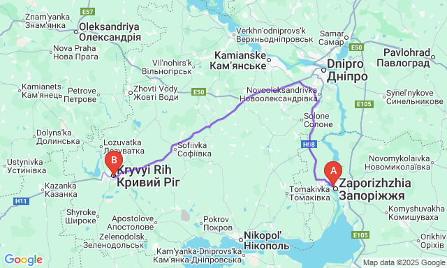 Карта маршруту Запоріжжя - Кривий Ріг