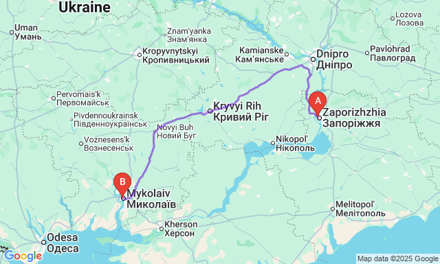 Карта маршруту Запоріжжя - Миколаїв