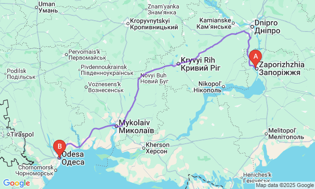Карта маршруту Запоріжжя - Одеса