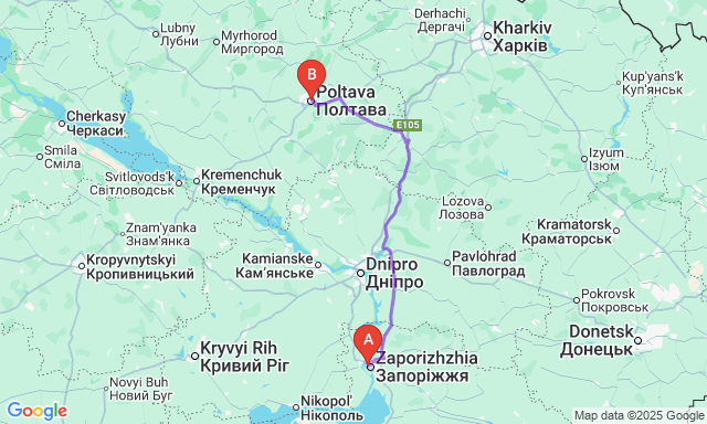 Карта маршруту Запоріжжя - Полтава