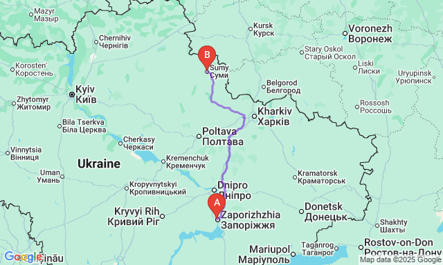 Карта маршруту Запоріжжя - Суми