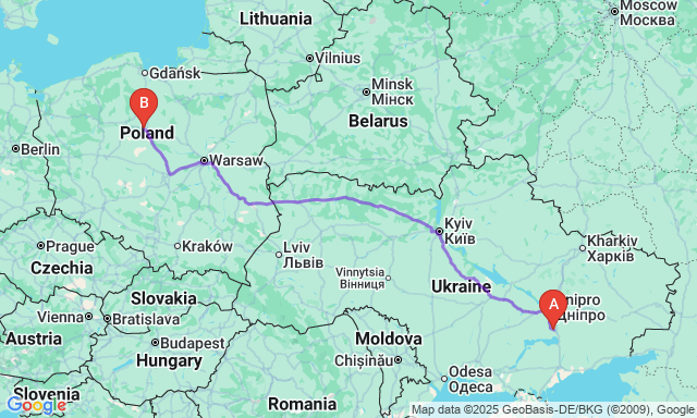 Карта маршруту Запоріжжя - Торунь