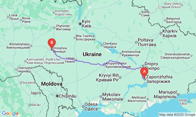 Карта маршруту Запоріжжя - Вінниця