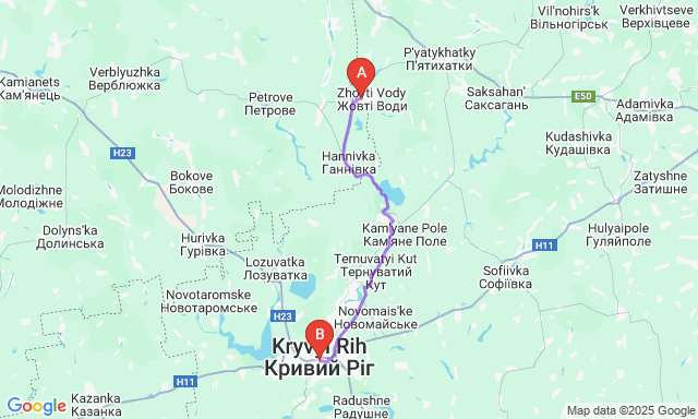 Карта маршруту Жовті Води - Кривий Ріг
