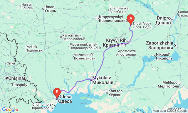 Карта маршруту Жовті Води - Одеса