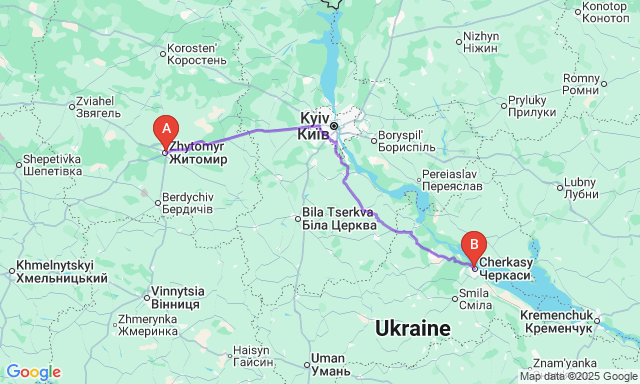 Карта маршруту Житомир - Черкаси