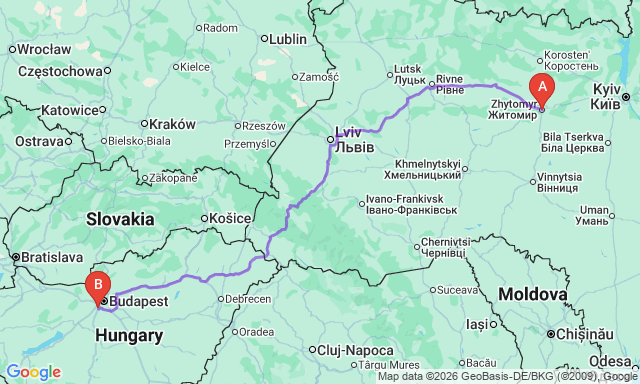 Route map Zhytomyr - Érd