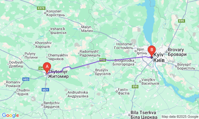 Карта маршруту Житомир - Київ