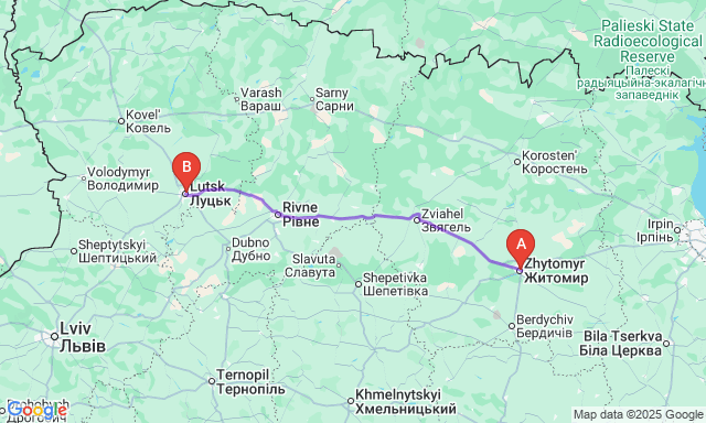 Карта маршруту Житомир - Луцьк