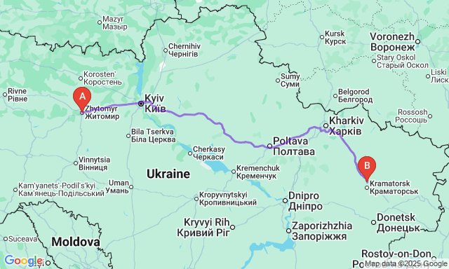 Карта маршруту Житомир - Слов'янськ