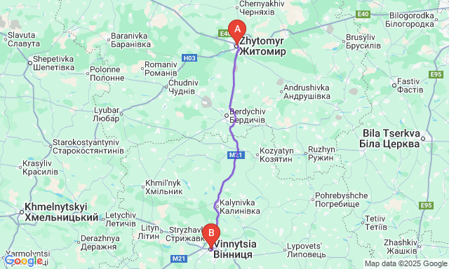 Карта маршруту Житомир - Вінниця