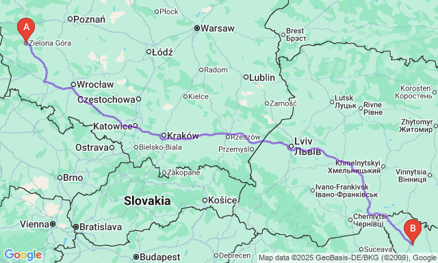 Карта маршруту Зелена Гура - Бєльці