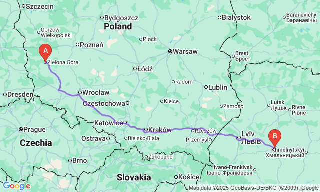 Карта маршруту Зелена Гура - Тернопіль