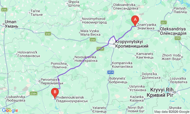Route map Znamianka - Pivdennoukrainsk