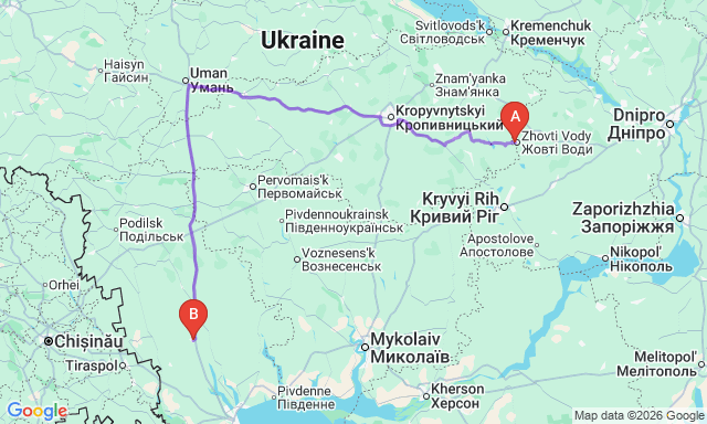 Route map Znamianka - Zhovti Vody
